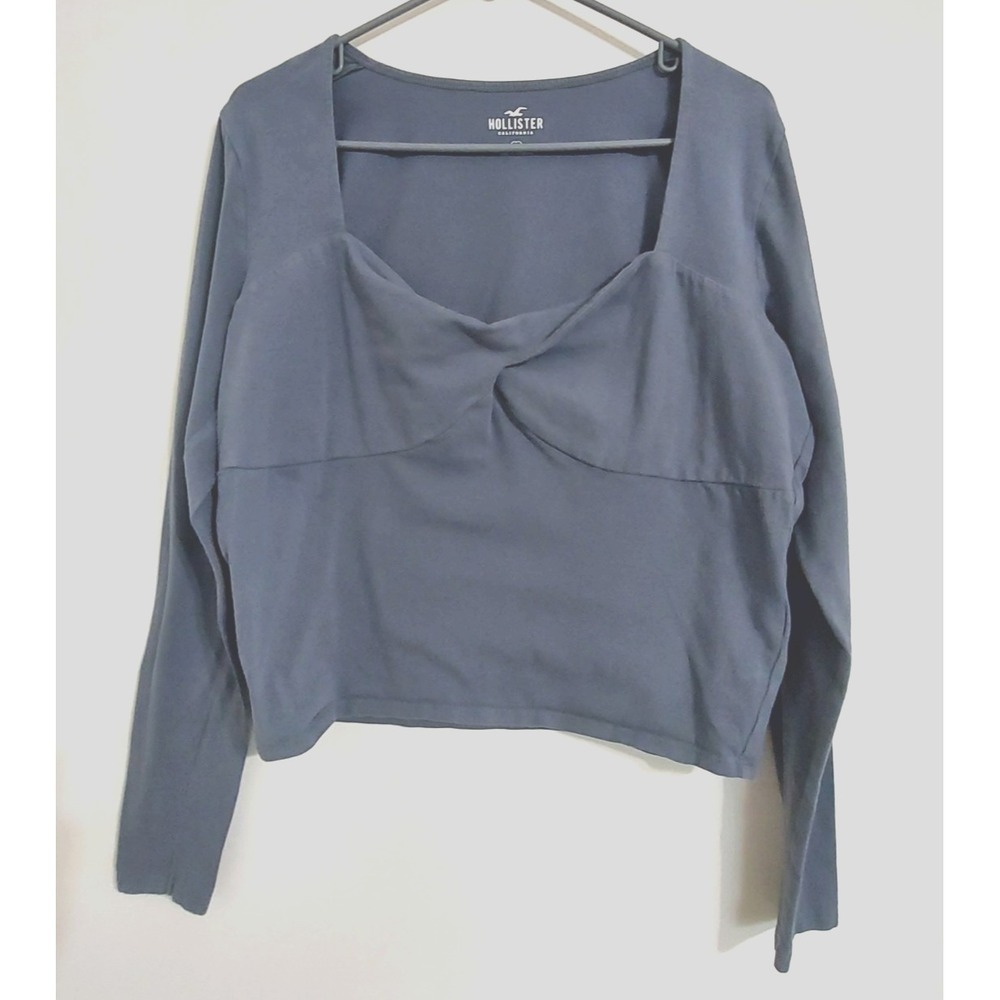 Hollister Crop Top XL Blue Gray Square Neck‎ Long Sleeve Stretch Y2K Babydoll